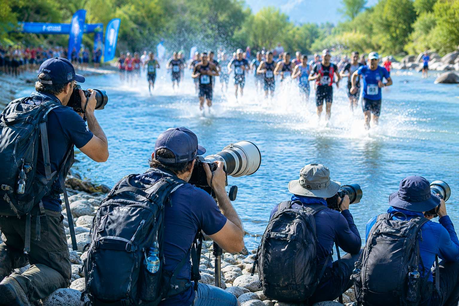 A team of photographers shooting a river triathlon