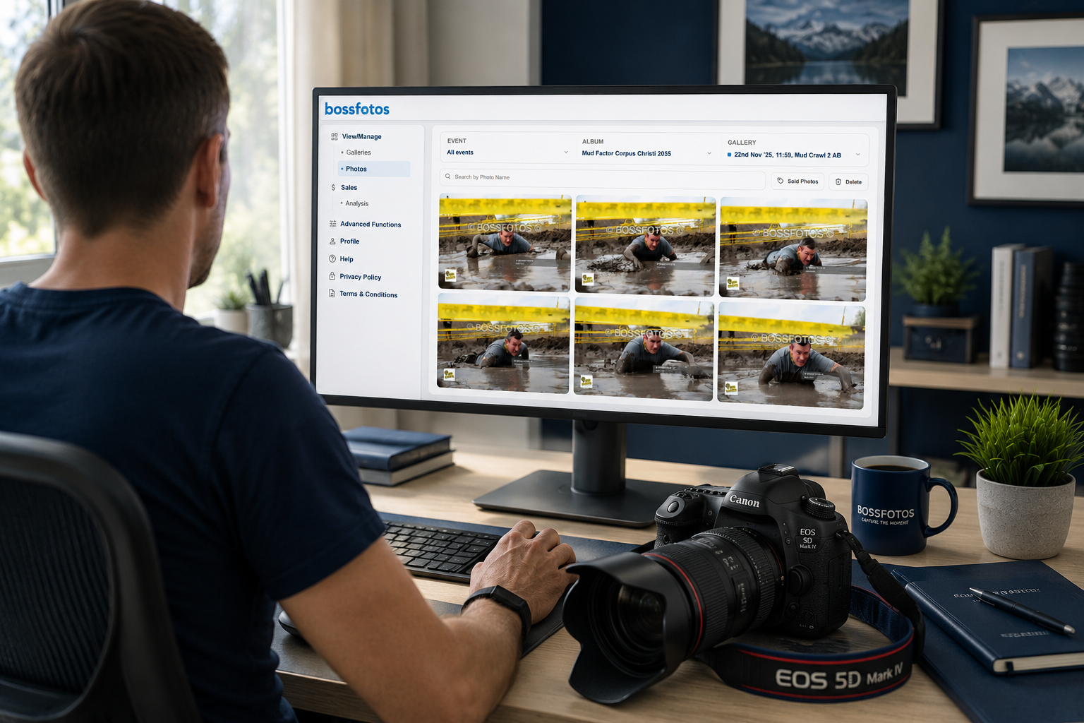 Photographer managing galleries in the BossFotos console